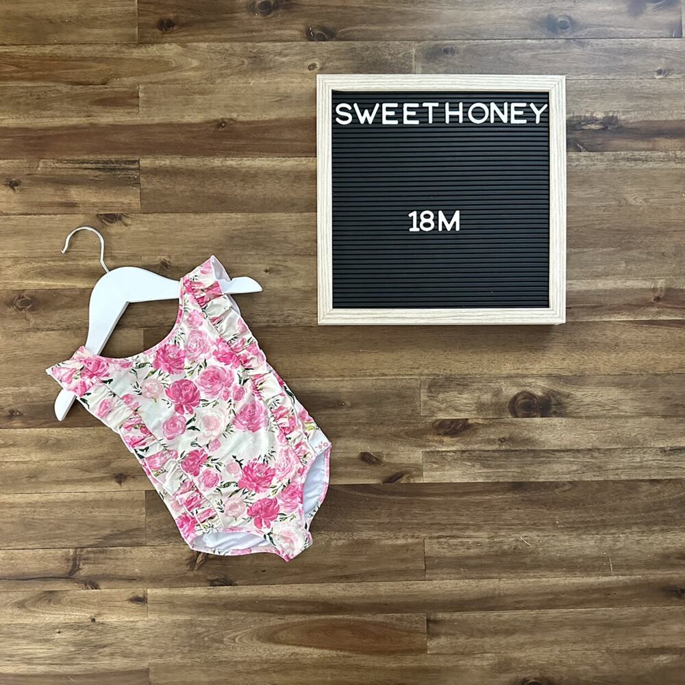 NEW SweetHoney Leotard Watercolor Candy Clusters Floral Pink Cream Ruffle 18M